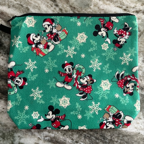 Mickey Mouse & Minnie Mouse Holiday Christmas Canvas Zip Cosmetic Storage Pouch - Picture 2 of 4